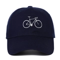 Detailed view of white bicycle embroidery on navy blue cotton twill baseball cap - Navy Blue