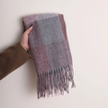 Soft faux cashmere scarf with fringe in grey wine red and pink color block pattern - 180*70cm / Denim Blue