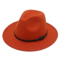 Detailed close-up of an orange wide-brim felt fedora with a black leather band and buckle - M(56-58cm) / Caramel color