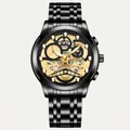 Men's hollow dial watch featuring black steel band and gold accents with chronograph details - Gold Face Black Chain
