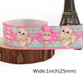 Nastro in grosgrain con gatti carini da 25mm rosa e verde acqua per fiocchi fai da te - Motivo Gatto con Bouquet (2) / 5 Yard (4,5 m) / Rotolo