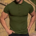 Men's slim fit olive green ribbed knit polo shirt featuring a three-button lapel collar - Army Green