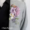 Elegant taro purple rose boutonniere on a gray tweed suit for weddings and proms - Taro Purple