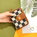 Short checkered canvas bifold wallet with brown leather trim and metal ring buckle - Black and Coffee Plaid