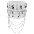 Macro shot of punk white PU leather cuff with silver skull studs, spikes and hanging chains - White Zirconia Set