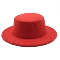 Classic red flat top wool wide brim hat with textured fleece finish for winter - M (56-58cm) / Red