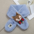 Detailed view of light blue faux rabbit fur kids scarf with 3D reindeer doll and bell - Sky Blue