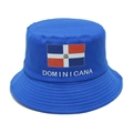 Detail of Dominican Republic flag and text print on a blue cotton bucket sun hat - M (56-58cm) / Blue