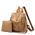 Retro monogram large capacity women's backpack in brown faux leather with small pouch - Backpack And Pouch Set / Yellow