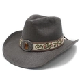 Cappello da cowboy in paglia marrone con fascia ricamata e pietra d'ambra centrale - M (56-58cm) / Nero e Grigio