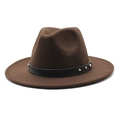 Detail of a brown wool fedora hat with a black leather band and silver metal rivets - M (56-58cm) / Dark Coffee