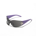 Y2K rimless wrap-around sunglasses with silver star detail and purple temples - Purple Temple / Grey Lenses