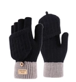 Winter thermal knit gloves in black and grey with touch screen flip cover and leather label - Half-Finger Flip Cover Style / Black with Thumb