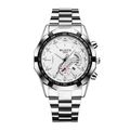 Silver stainless steel chronograph watch with white dial and black tachymeter bezel - White Dial Silver Band