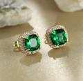Square emerald green zircon earrings with white diamond halo and golden finish - Golden Emerald Green