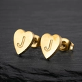 Minimalist gold stainless steel heart stud earring with letter J engraved on matte surface - Letter J / Gold