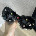 Furry black party sunglasses with colorful rhinestones in cat-eye shape for women - Black Plush With Rhinestones