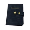Porta passaporto in pelle PU blu scuro con icona aereo dorata e protezione RFID - Motivo Aereo / Nero