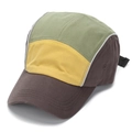 Detail of multi-color five-panel camping cap with contrast panels and reflective piping - Army Green and Brown Yellow (Style C)