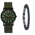 Military style men's quartz watch with olive green nylon strap and beaded bracelet set - Watch+Bracelet / Green