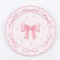 Pink bow party paper plate with scalloped edges and delicate ribbon star pattern - Large Lace Edge Plates
