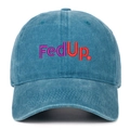 Detailed close-up of rainbow FedUp embroidery on blue washed denim baseball cap - Lake Blue