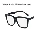 Square retro sunglasses in glossy black frame with silver mirror lenses for men - Bright Black / Silver