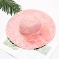 Elegant pink lace sun hat for women featuring a large decorative bow and wide brim - Leaf Pink