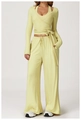 Detail of light yellow yoga set with wrap top, thumbhole sleeves and drawstring pants - Long Sleeve+Vest+Pants-Light Yellow