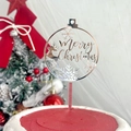 Close-up of silver mirror acrylic Merry Christmas cake topper with snowflake and reindeer - Silver Bell Reindeer