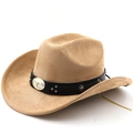 Beige suede cowboy hat with wide brim featuring bull head buckle and star studs decoration - M (56-58cm) / Khaki