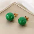 Detailed view of emerald green crystal stud earrings with gold-plated titanium butterfly backs - 12mm Gold Base Emerald Green Artificial Pearl