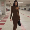 Detailed view of dark brown high-neck long-sleeve bodycon maxi dress with slim fit tailoring - S / Brown