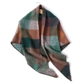 Detailed view of heavy wool blend scarf featuring multi-color block check patterns on a hanger - Maroon Plaid