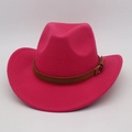 Chapeau de cowboy en laine rose avec ceinture en cuir marron pour hommes et femmes - Taille unique / Rose Rouge (Avec Ceinture Marron)