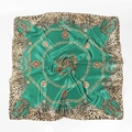 Detail of green satin silk square scarf with leopard print edge and golden chains - Green Leopard