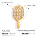 Golden stainless steel pickleball paddle pendant with white rhinestones and measurements - Pickleball Paddle Pendant (PJ92296)