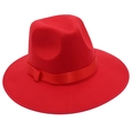 Detail of red wool felt fedora featuring a wide brim and matching satin ribbon bow - One Size / Red