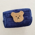 Navy blue quilted velvet pouch with cute brown teddy bear embroidery for stationery - Dark Blue (Coffee Bear)