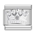 Silver Italian charm link featuring a crown design with a sparkling clear cubic zirconia - Silver Diamond Surface Style (1443)