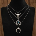 Close-up of bohemian layered necklace with bull head, turquoise horseshoe and crescent moon - Bull/Turquoise Horseshoe/Moon Style (A-367) / Antique Silver
