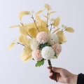 Handheld artificial pink and white dahlia bouquet with golden eucalyptus leaves - Champagne White