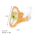 Anillo de acero inoxidable dorado con flor seca verde en resina y un acabado martillado - Estilo Ovalado de Flores Secas Verdes (JDRW2403022)