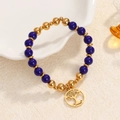 Elastic beaded bracelet with dark blue natural stones and golden Tree of Life charm - Dark Blue Beads-Gold Hollow Tree of Life Charm