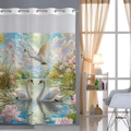 Détail d'un imprimé artistique de cygne et lotus rose sur un rideau de douche double - 181x188cm Rideau de Douche Unique / 25SYL-2 (Cygne Artistique)