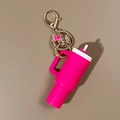 Pink silicone cup boot keychain with golden lobster clasp and butterfly charm for tumblers - Butterfly Rose Red
