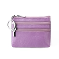 Purple lychee grain leather coin purse with three zipper pockets and silver keychain - Light Purple