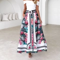 High-waisted white A-line maxi skirt featuring vintage pink floral prints and wave patterns - S / Mixed Print