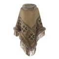 Brown knit poncho for women with faux fur collar, fringe hem, and snowflake patterns - Dark Khaki