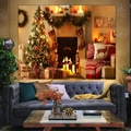 Arazzo natalizio con albero di Natale e camino per decorazione festiva della casa - 150x130cm / Stile 4-Sfondo Blu Moderno Albero di Natale